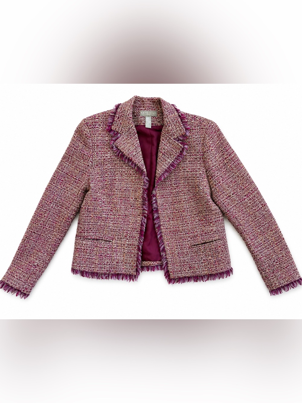Kate Hill Petite Tweed Bouclé Blazer Jacket Wool Blend Size 8P Fringe